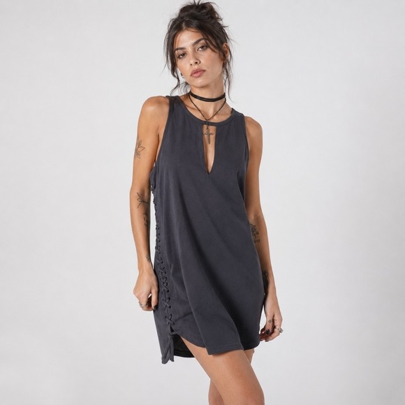 Black Swan Dresses & Skirts - Black Swan Ultra Suede Mini Dress Womens S Gray Goth Grunge Festival Side Lace